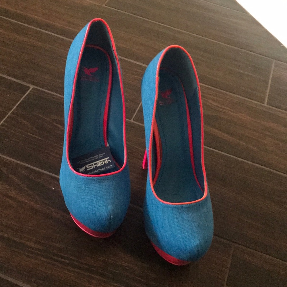 Hot pink and blue platform heels